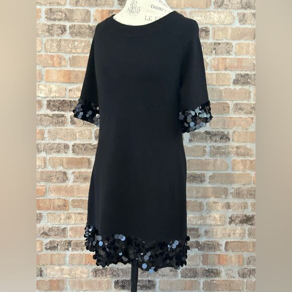 Qi cashmere black large sequin trim knit dress size medium quarter sleeve - Picture 1 of 9